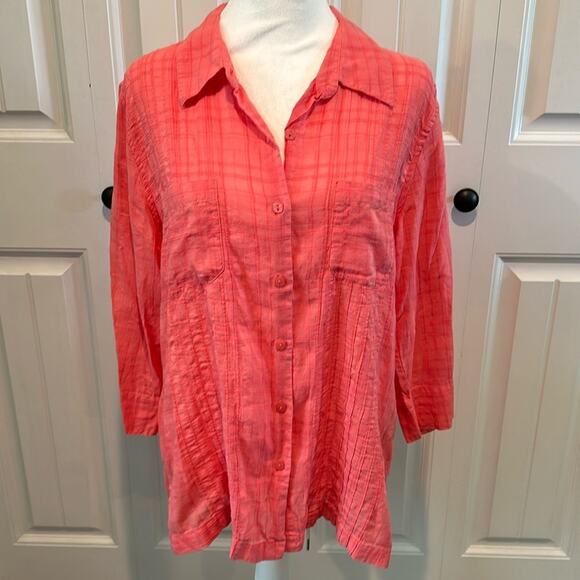 Christopher & Banks Large Coral Textured Semi-Sheer Button Down Blouse Top - Picture 1 of 11